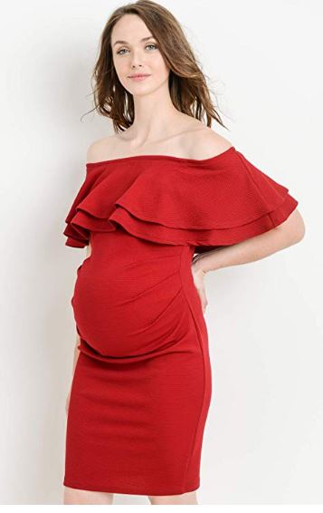 LaClef Womens Off Shoulder Maternity Dress with Double Ruffle